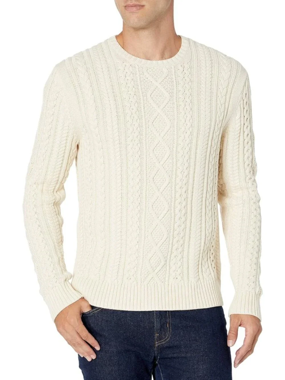 Cozy 100% Cotton Long-Sleeve Fisherman Cable Knit Crewneck Sweater for Men